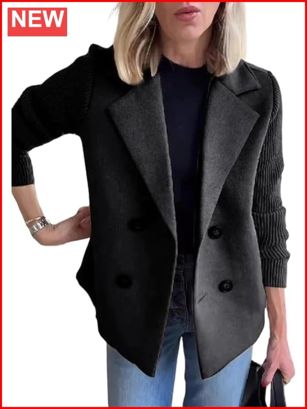 Women's Cropped Wool Blend Pea Coat Knit Blazer Double Breasted Jacket